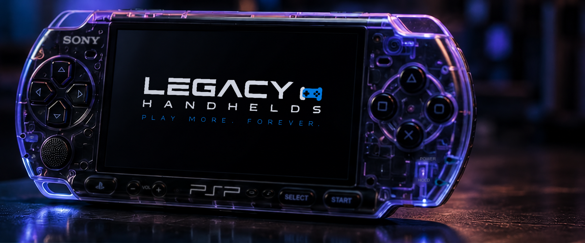 Transparent purple PSP displaying the Legacy Handhelds logo